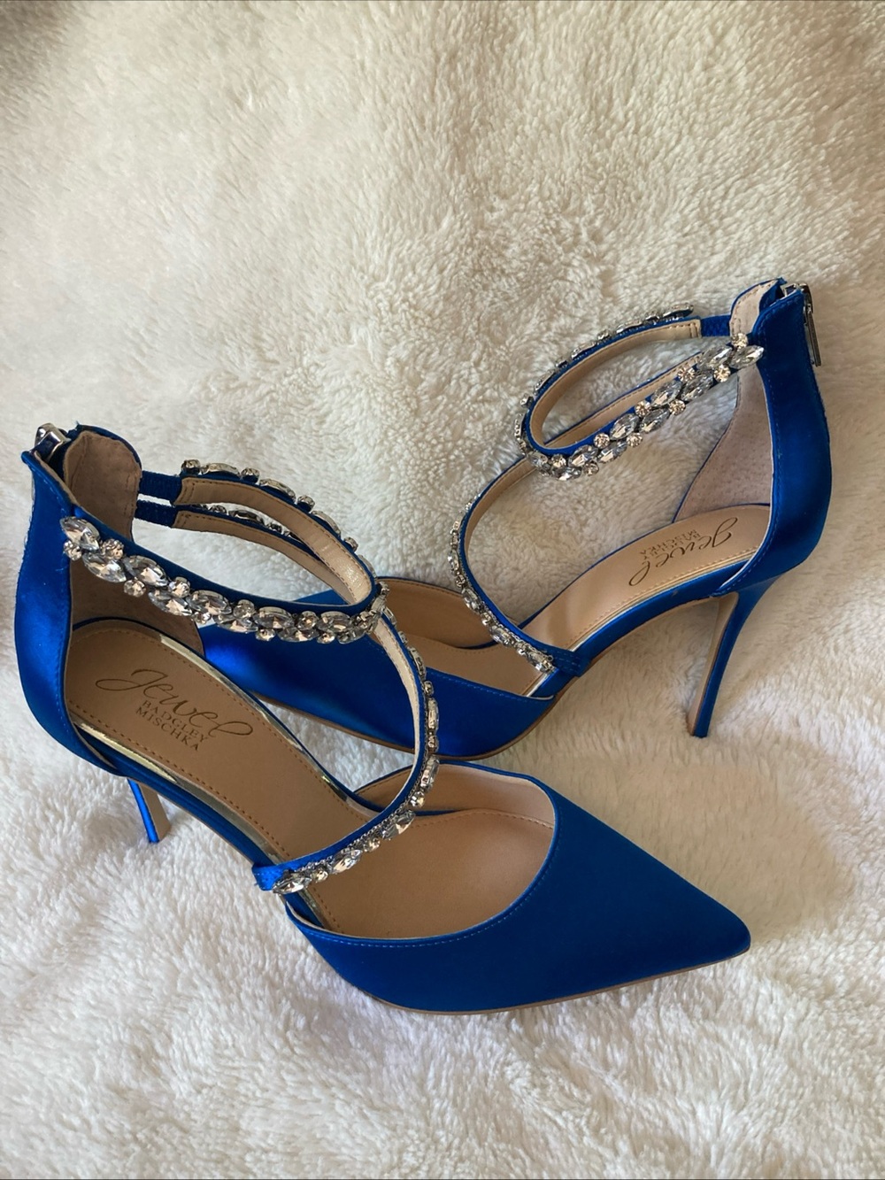 Jewel Badgley Mischka Electric Blue Satin Rhinestone Pointed-Toe Heels Ankle
